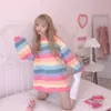 Harajuku stil kpop randig lös sweatshirt kvinnor våren långärmad pullover kawaii kläder färgglada regnbåge student flicka toppar 210927