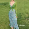 WOMENGAGA Sweet Vintage Girl Female Blue Flower Long Tank Dress Summer Tops Coreano Donna Cinghie Abiti Slash Neck 581Z 210603