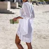 Knitting White Crochet Tunic Beach Wear Saida De Flare Sleeve Bikini Cover-Up Long Dress Hollow Out Cover Ups Sarongs