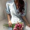 Coreano Retro Casual Temperamento Risvolto In Metallo Doppio Petto Manica A Sbuffo Lavato Blu Denim Robe Dress Women16F0987 210510