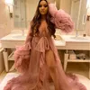 Sexy Blush Pink See Thru Long Robe Donna Abiti da sera Fotografia Ruffles Maniche lunghe Kimono Mesh Prom Abiti da notte