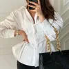 Ezgaga Blouse Women French Style Elegant Turn-Down Collar Button Patchwork Irregular Pleated Slim Waist White Shirts Fashion 210430