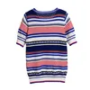 Summer Knitted Striped Top High Quality Women's O-Neck Short Sleeve T Shirt Female Pullover Tops B-120 210522