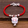 Ny söt lycklig katt keramiska pärlor säkert armband rött rep bangle handgjorda mode smycken justerbar längd