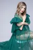 Smaragdgrüne, einzigartige Abendkleider, sexy, durchsichtige Rüschen, Tüll, Spitze, Cape-Kleid für schwangere Frauen, High-Side-Split, formelle Abendkleider für Schwangere, Abschlussball, Party, Mode