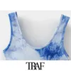 TRAF Women Sexy Fashion Tie-dye Print Stretchy Slim Bodysuits Vintage O Neck Sleeveless Female Playsuits Chic Tops 210415