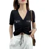 Tricots pour femmes de mode Summer Slim et mince rayé col en V tricot à manches courtes T-shirt en soie de glace 210520