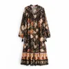 Women Retro Print Dress Autumn O-Neck Lace up Long Sleeve Elegant Loose Bohemian Holiday 210604