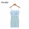 Foridol Plaid Corchet Hollow Out Beach Summer Dress Women Clothing Australia Strap Bodycon Blue Mini Dress Sleeveless Dress 210415
