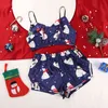 HiLoc Cartoon Pattern Christmas Pajamas Women Sleepwear Satin Two Piece Set Sexy Langerie V Neck Camis Split Shorts Home Suit 210330