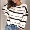 Gebreide lovertjes streep trui vintage lantaarn mouw oversized casual jumper herfst winter trek femme 210427