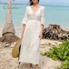 Sommer Luxus Frauen Maxi Halbarm Lose Baumwolle Weiß Spitze Sexy Lange Tunika Strand Kleid 210415