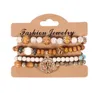 4pcs / Lot Vintage Arbre de Vie Perles Brins Charme Bracelets Ensemble Pour Femmes En Bois Chaînes D'élasticité En Bois Bracelet De Mode Bohème Bijoux