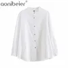 Vert été chemises mode col montant goutte épaule femmes Blouses décontractées ourlet incurvé simple boutonnage femme haut long 210604