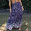 Stampa floreale Bohemian Long Skrits Womens Vita alta Blu Scava fuori Maxi gonna A-line Summer Casual Gonna Bottoms 210415