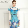 Spring Fashion Women's Dress Ruffles Long sleeve Bright starry sky Print Dresses+Beaded lace-up Small sling 210524