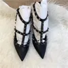 fee women pumps Casual Designer black Litchi leather studded spikes point toe ankle wrap strappy high heels shoes 9.5cm
