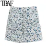 Traf Femmes Chic Mode Floral Imprimer Drapé Mini Jupe Vintage Taille Haute Taille Fermeture À Glissière Femelle Jupes Casual Faldas Mujer 210621