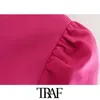 TRAF femmes Vintage élégant tenue de bureau avec ceinture Mini robe mode col en V manches bouffantes femmes robes Vestidos Mujer 210415