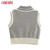 Tangada Women Vintage Striped Crop Knitted Vest Sweater Pocket Sleeveless Female Waistcoat Tops 3N30 210609