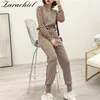 Leopard Jacquard Dressuit Kurtka Spodnie Zestawy Kobiety Slim Z Długim Rękawem Zipper Cardigan + Pencil Pant Suit 2 Piece Set 210416