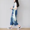 Johnature solta lazer retro patchwork impressão bolsos ajustáveis ​​denim jumpsuits verão mulheres plus tamanho grande perna calça 210521