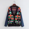 H.SA Donna e scollo a V Jeans patchwork monopetto Cardigan pacthwork Cappotto maglione invernale oversize in maglia 210417