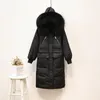 Medium Lång med Fur Collar Hooded Down Coats Vinter Vit Anka Jacka Kvinnor Zipper Real Warm Tinken Parka 210520