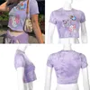 Butterfly Printed Women's Casual Short Tee Shirts Purple Cotton Crew Neck Crop Top Summer Streetwear Basic 90s Top Cuteandpsycho Y0508