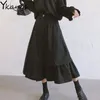 ビンテージ夏の黒い長いプリーツのスカートの女性白いハイウエストの不規則な大きなスイングMidi Gothic Streetwear Saias 210421