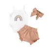 Baby Girl 3pcs Set Algodão Suspensórios de Algodão Romper + Shorts + Hair Hoop Cute terno roupas E7 210610