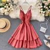 Neploe backless klänning kvinnor sexig v nacke spaghetti rem damer vestidos sommar elegant smal midja ruffle klänningar femme 210423