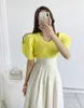 Puff Sleeve Vネックニットプルオーバーセーター女性夏の韓国のソリッドスリムなファッション女性ジャンパートップスFemme 210513