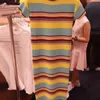 Korobov koreanska sommar ny chic klänning vintage regnbåge randig korta ärm klänningar streetwear vestidos 2a640 210430