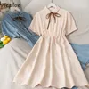 Neploe Turn Down Collar Lace Up Bow Design Solid Dress Women High Waist Hip A Line Vestidos Pullover Short Sleeve Chiffon Robe Y0726