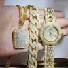 Män Hip Hop Full Out Lab CZ AAA Watch Armband Iced Square Necklace Combo Set Smycken