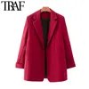 TRAF Women Fashion Office Wear Red Blazer Coat Vintage Long Sleeve Pockets Female Outerwear Chic Tops 210415