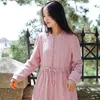 Johnature Vintage Koszula Sukienka dla kobiet Button Jacquard Stand z długim rękawem A-Line Autumn Solid Color Chinese Style Dress 210521