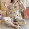 Sale Women Home Wear Spring Summer Short Sleeved Women Pajamas Set Long Pant Pyjamas Sets Cotton Leisure Sleepwear Set 210831