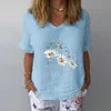 Moda Floral Graphic Tee Oversized T Shirt Koszulka z krótkim rękawem T-shirt Kobiety Luźna Streetwear Kobieta V-Neck Chryzantema Drukowane 210623