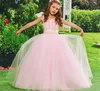 Coming Simple Design Pink Tulle Flower Girl Dress with Ribbon Keyhole Back Ankle Lenght Girls Pageant Gowns Sleeveless