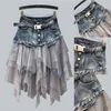 Femmes Denim Mesh Patchwork Dentelle Jupe Taille Haute Une Ligne Asymétrique Volant Tulle Gothique Chic Jupes 210721