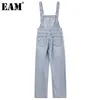 [EAM] Hoge taillel lichtblauw lange casual riem denim overalls broek losse pasvorm broek vrouwen mode lente herfst 210512