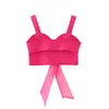 Sexy OrganBow Cropped Blouses Tricotées Dos Nu Col En V Bretelles Femme Chemises Spliced Rose Rouge Chic Tops 210430