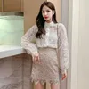 Bahar Kore Dantel Bluz Moda Kadınlar Uzun Kollu Dikiş Stand-Yaka Inci Düğme Gömlek Üstleri Kadın Kadın Gömlek 210527