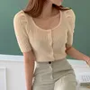 Korejpaa Frauen Pullover Sommer Koreanische Chic Mädchen Alter-Reduzierung Candy Farbe U-Neck Pit Streifen Kurze Puff Hülse Gestrickte strickjacke 210526