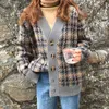 Colorfaith秋冬の女性のセーターボタンカーディガンの格子縞原宿特大の韓国ニットレディートップSWC1203JX 210918
