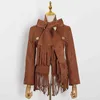 Повседневная коричневая куртка для женщин V-вырез с длинным рукавом кнопка кисточка большой размер пальто женской одежды осень 210524
