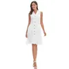 Alta Qualidade Linha Algodão Lady Botão de Vestido Elegante Up V-Neck Sem Mangas Botão Longo Vestido de Verão Branco Com Bolso A0987 210526