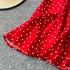 Vestido de verano para mujer, cuello en V, manga corta, minivestido rojo de playa con lunares, vestido de gasa, ropa bohemia, ropa femenina 210625